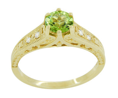 Art Deco Filigree Peridot and Diamond Engagement Ring in 14 Karat Yellow Gold - Item: R158YPER - Image: 2