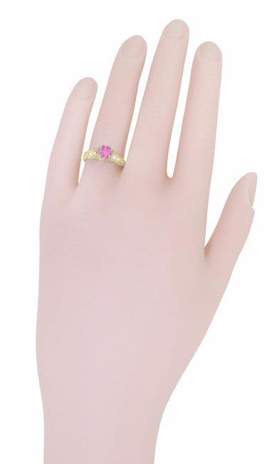 Antique Style Pink Sapphire and Diamonds Filigree Art Deco Engagement Ring in 14 Karat Yellow Gold - Item: R158YPS - Image: 7