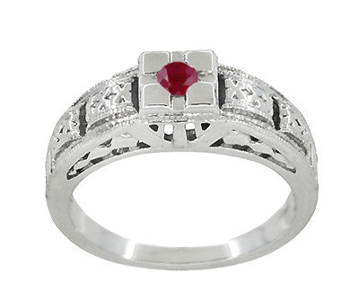 Art Deco Engraved Ruby Engagement Ring in Platinum - Low Profile Vintage Design - Item: R160PR - Image: 3