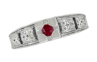 Art Deco Engraved Ruby Engagement Ring in Platinum - Low Profile Vintage Design - Item: R160PR - Image: 5
