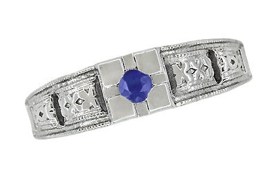 Art Deco Platinum Carved Filigree Low Profile Blue Sapphire Engagement Ring - Item: R160PS - Image: 5