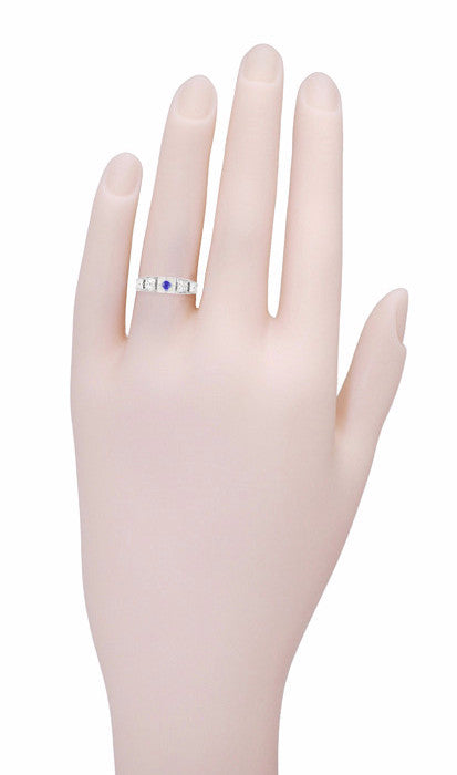Art Deco Platinum Carved Filigree Low Profile Blue Sapphire Engagement Ring - Item: R160PS - Image: 6