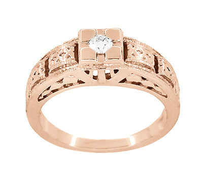 Art Deco Filigree Engraved Diamond Engagement Ring in 14 Karat Rose Gold - Item: R160R-LC - Image: 3