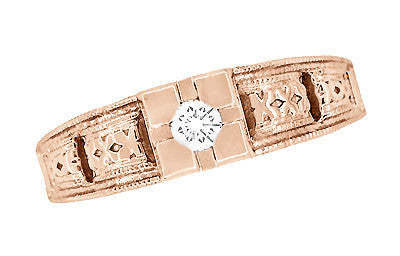 Art Deco Filigree Engraved Diamond Engagement Ring in 14 Karat Rose Gold - Item: R160R-LC - Image: 5