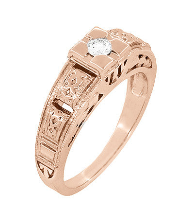 Art Deco Filigree Engraved Diamond Engagement Ring in 14 Karat Rose Gold - Item: R160R-LC - Image: 2