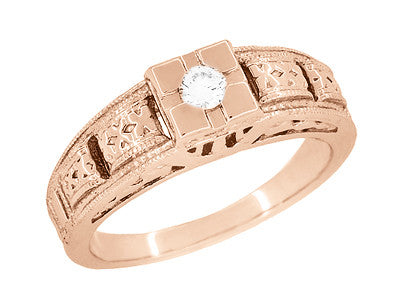 Art Deco Filigree Engraved Diamond Engagement Ring in 14 Karat Rose Gold