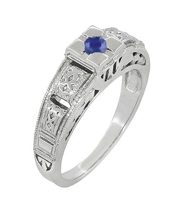 Art Deco Filigree Engraved Blue Sapphire Ring in 14 Karat White Gold - alternate view