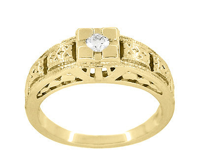 Yellow Gold Art Deco Engraved Tiered Filigree Diamond Engagement Ring - 14K or 18K - Item: R160Y-LC - Image: 2