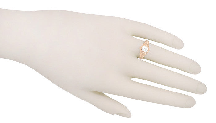 Art Deco Rose Gold 3/4 Carat White Sapphire Engraved Filigree Engagement Ring - Item: R161R75WS - Image: 4