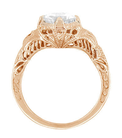 Art Deco Rose Gold 3/4 Carat White Sapphire Engraved Filigree Engagement Ring - Item: R161R75WS - Image: 2