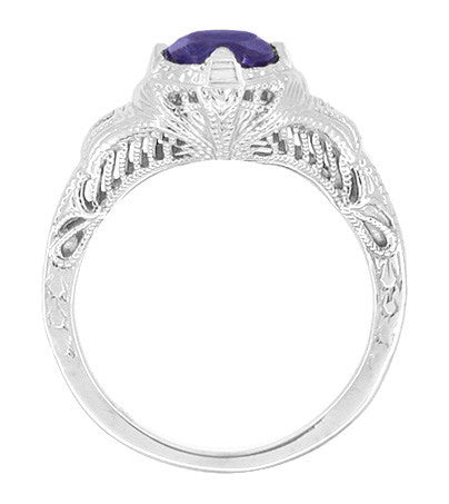 Art Deco Blue Iolite Engraved Filigree Engagement Ring in 14 Karat White Gold - Item: R161W75i - Image: 2