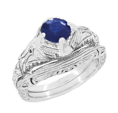 Art Deco Blue Sapphire Engraved Filigree Engagement Ring in 14 Karat White Gold - Item: R161W75S - Image: 3
