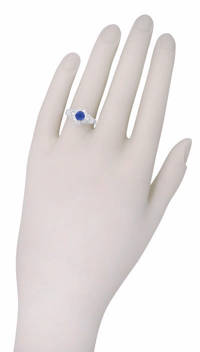 Art Deco Blue Sapphire Engraved Filigree Engagement Ring in 14 Karat White Gold - Item: R161W75S - Image: 4