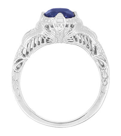Art Deco Blue Sapphire Engraved Filigree Engagement Ring in 14 Karat White Gold - Item: R161W75S - Image: 2