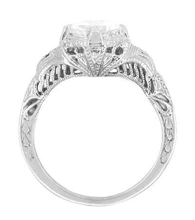 Art Deco Engraved Filigree White Sapphire Engagement Ring in 14 Karat White Gold - Item: R161W75WS - Image: 2