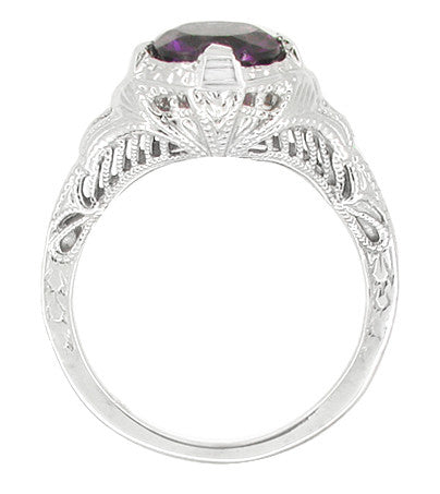 Art Deco Engraved Filigree 1 Carat Amethyst Engagement Ring in 14 Karat White Gold - Item: R161WAM - Image: 2