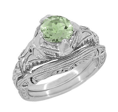 Art Deco Vintage Engraved Filigree 1 Carat Green Sapphire Engagement Ring in 14 Karat White Gold - Item: R161WGS - Image: 3