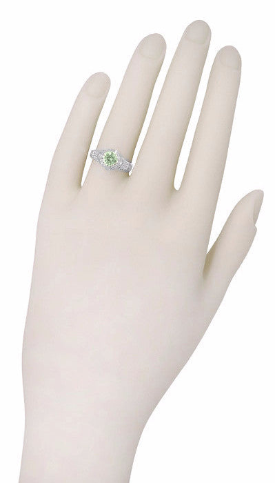 Art Deco Vintage Engraved Filigree 1 Carat Green Sapphire Engagement Ring in 14 Karat White Gold - Item: R161WGS - Image: 4