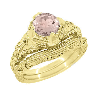 Art Deco Engraved Filigree Morganite Engagement Ring in 14 Karat Yellow Gold - Item: R161YM - Image: 3