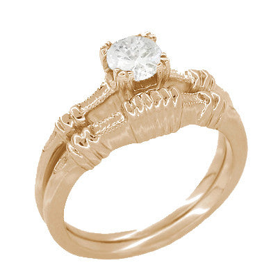 Art Deco Clovers and Hearts White Sapphire Engagement Ring in 14 Karat Rose ( Pink ) Gold - Item: R163R50WS - Image: 3
