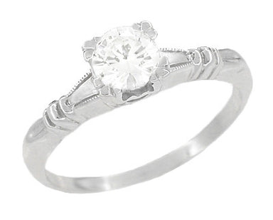 Art Deco Antique Solitaire White Sapphire Engagement Ring in White Gold - Hearts & Clovers Fishtail Setting - R163W50WS
