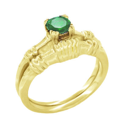 Art Deco Hearts and Clovers Solitaire Emerald Engagement Ring in 14 Karat Yellow Gold - Item: R163Y - Image: 3
