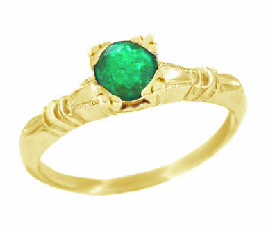Art Deco Vintage Solitaire Yellow Gold Emerald Engagement Ring with Filigree Side Hearts and Clover Prongs - R163Y