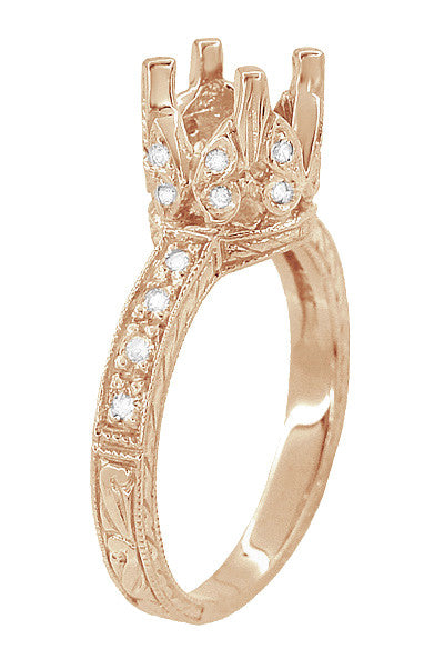 Filigree Engraved Butterflies Art Deco 1 Carat Diamond Engagement Ring Setting in 14 Karat Rose ( Pink ) Gold - Item: R178R - Image: 4