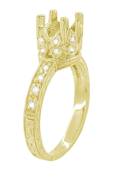 18 Karat Yellow Gold Art Deco Filigree Loving Butterflies Engraved 1 Carat Diamond Engagement Ring Setting - Item: R178Y - Image: 4