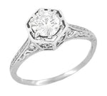 Art Deco Vintage Design Hexagonal 1/3 Carat Diamond Filigree Engagement Ring in 14K White Gold - Engraved Scrolls