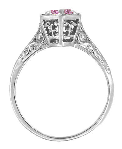 Hexagonal Art Deco Pink Sapphire Filigree Engagement Ring in 14K White Gold - Item: R180W33PS - Image: 2