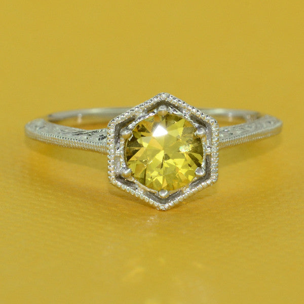 Art Deco Yellow Sapphire Filigree Hexagon Engagement Ring in 14 Karat White Gold - Item: R180W75YS - Image: 4