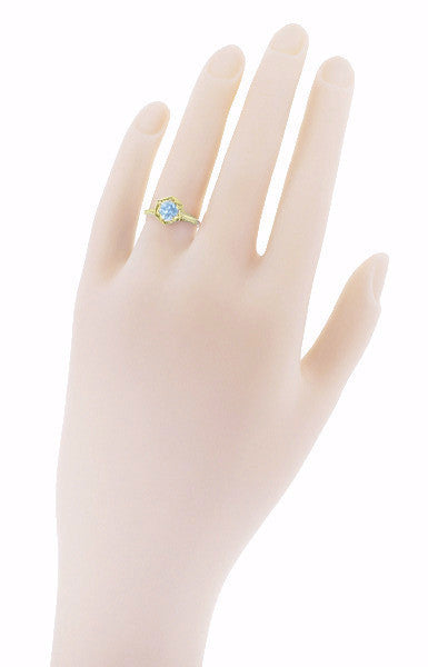 Art Deco Filigree Hexagonal 3/4 Carat Aquamarine Engagement Ring in 14K Yellow Gold - Item: R180Y - Image: 3