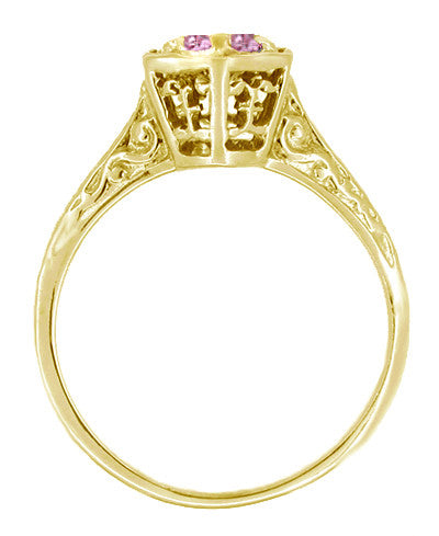Art Deco 14 Karat Yellow Gold Pink Sapphire Hexagon Filigree Engagement Ring - Item: R180Y33PS - Image: 2