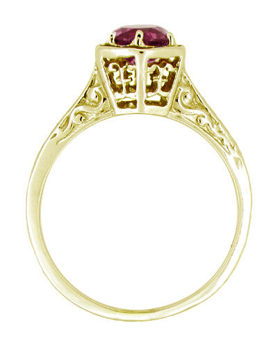 Art Deco 1.20 Carat Rhodolite Garnet Engraved Hexagon Filigree Engagement Ring in 14K Yellow Gold - Item: R180Y75G - Image: 2