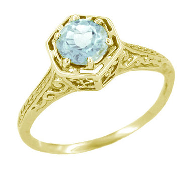 Art Deco Vintage Filigree Hexagonal 3/4 Carat Aquamarine Engagement Ring in 14K Yellow Gold - R180Y