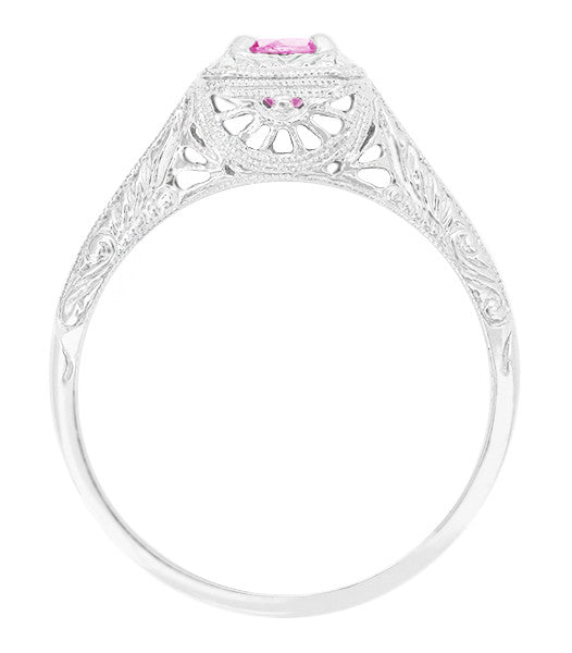 Filigree Scrolls Engraved Platinum Pink Sapphire Art Deco Engagement Ring - Item: R183PPS - Image: 2