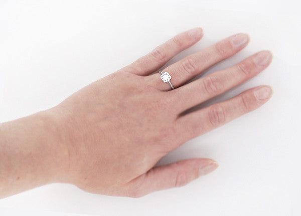 Filigree Scrolls Engraved White Sapphire Engagement Ring in Platinum - Item: R183PWS - Image: 3