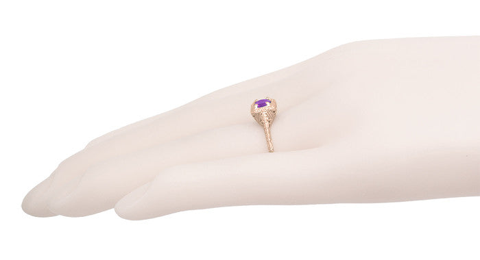 Art Deco Amethyst Filigree Scrolls Engraved 14 Karat Rose Gold Engagement Ring - Item: R183RAM - Image: 4