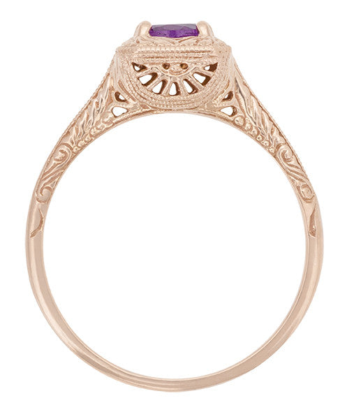 Art Deco Amethyst Filigree Scrolls Engraved 14 Karat Rose Gold Engagement Ring - Item: R183RAM - Image: 2