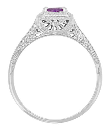 Art Deco Filigree Scrolls Engraved Amethyst Engagement Ring in 14 Karat White Gold - alternate view