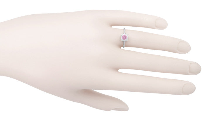 Art Deco Engraved 1920's Square Top Filigree Pink Sapphire Engagement Ring in 14 Karat White Gold - Item: R183WPS - Image: 4