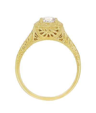 Filigree Scrolls Vintage Engraved 3/4 Carat Diamond Art Deco Engagement Ring in 14 Karat Yellow Gold - Item: R183Y1D-LC - Image: 5