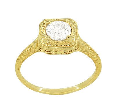 Filigree Scrolls Vintage Engraved 3/4 Carat Diamond Art Deco Engagement Ring in 14 Karat Yellow Gold - Item: R183Y1D-LC - Image: 2