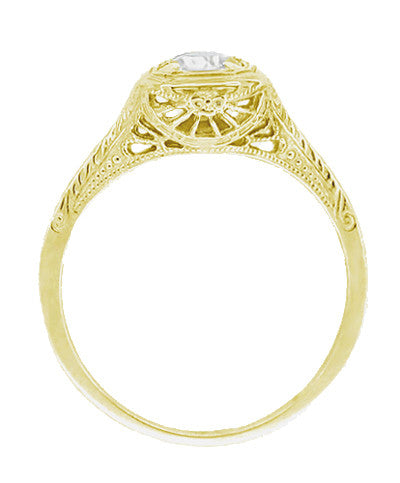 Filigree Yellow Gold Scrolls 1/3 Carat Diamond Art Deco Engraved Engagement Ring - 14 Karat - Item: R183Y50D - Image: 2