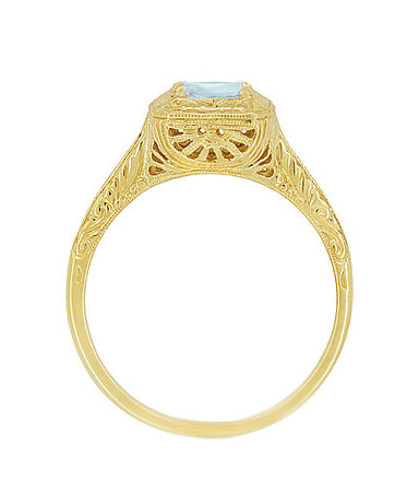 Aquamarine Art Deco Filigree Scrolls Engraved Engagement Ring in 14 Karat Yellow Gold - alternate view