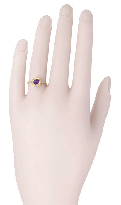 Art Deco Amethyst Filigree Scrolls Engraved Engagement Ring in 14 Karat Yellow Gold - Item: R183YAM - Image: 3
