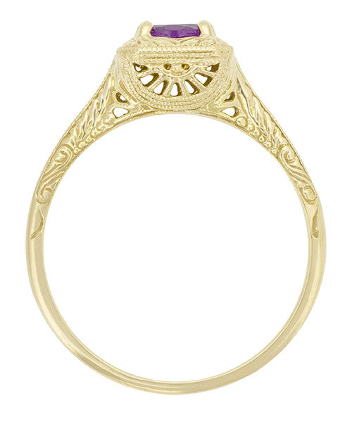 Art Deco Amethyst Filigree Scrolls Engraved Engagement Ring in 14 Karat Yellow Gold - Item: R183YAM - Image: 2