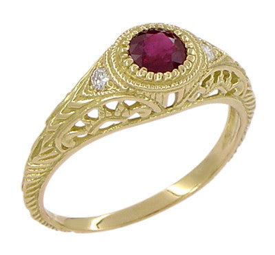 1920's Art Deco Yellow Gold Ruby Filigree Engagement Ring with Side Diamonds - Item: R189Y14 - Image: 3