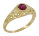 1920's Art Deco Yellow Gold Ruby Filigree Engagement Ring with Side Diamonds